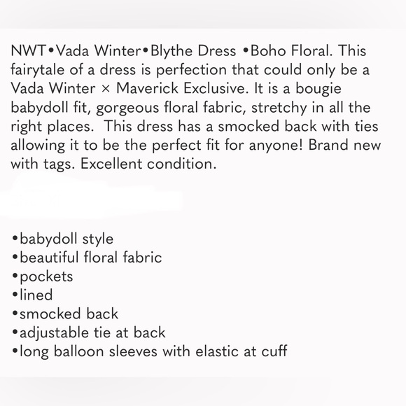 NWT•Vada Winter•Blythe Dress •Boho Floral - Picture 4 of 11